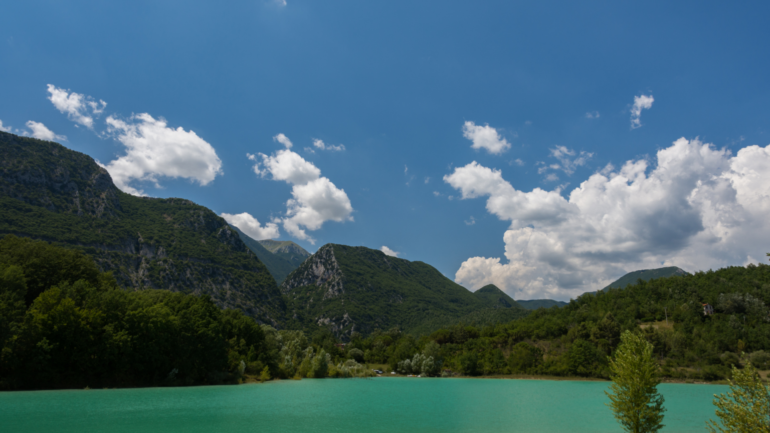 Lago dalle acque verdi circondato da montagne boscose